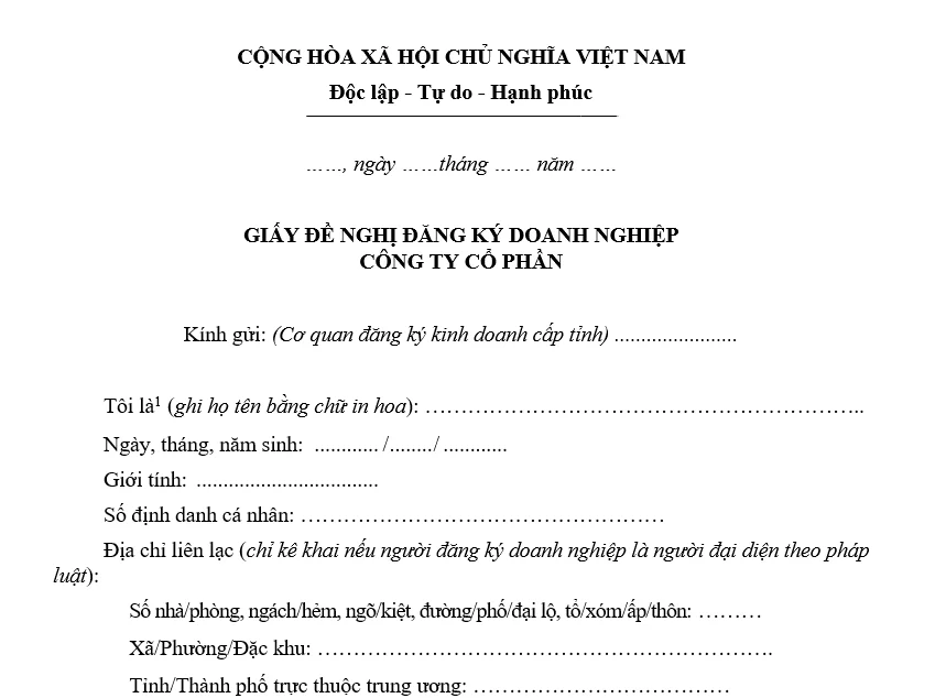 Mẫu Giấy đề nghị đăng ký doanh nghiệp cho Công ty Cổ phần Mẫu Giấy đề nghị đăng ký doanh nghiệp cho Công ty Cổ phần