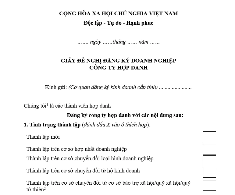 Mẫu Giấy đề nghị đăng ký doanh nghiệp cho Công ty hợp danh Mẫu Giấy đề nghị đăng ký doanh nghiệp cho Công ty hợp danh