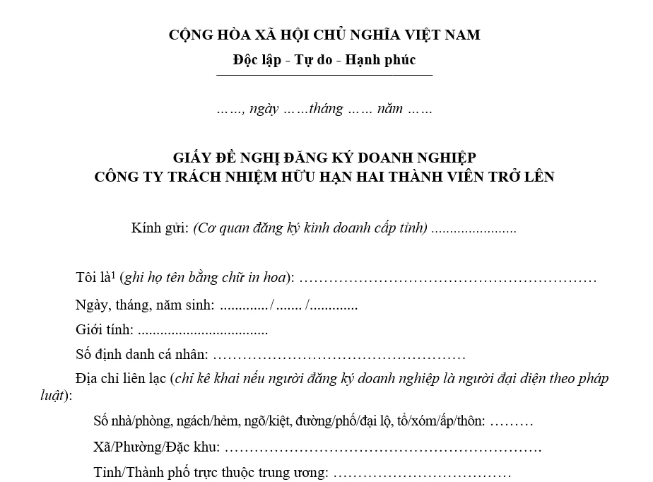Mẫu Giấy đề nghị đăng ký doanh nghiệp cho Công ty TNHH hai thành viên trở lên Mẫu Giấy đề nghị đăng ký doanh nghiệp cho Công ty TNHH hai thành viên trở lên