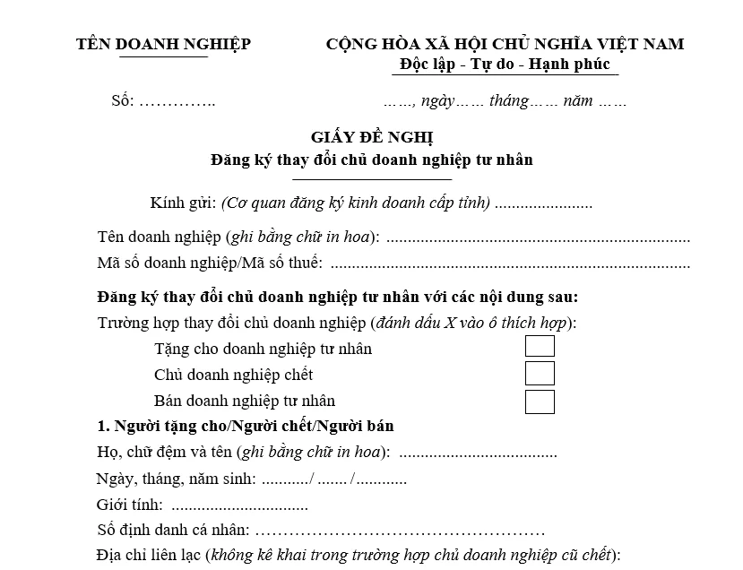Mẫu Giấy đề nghị đăng ký thay đổi chủ doanh nghiệp tư nhân Mẫu Giấy đề nghị đăng ký thay đổi chủ doanh nghiệp tư nhân